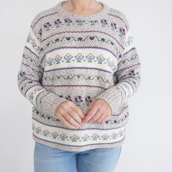 Vintage Northern Reflections Grey Purple Floral Knit Crewneck Sweater L - Picture 2 of 11